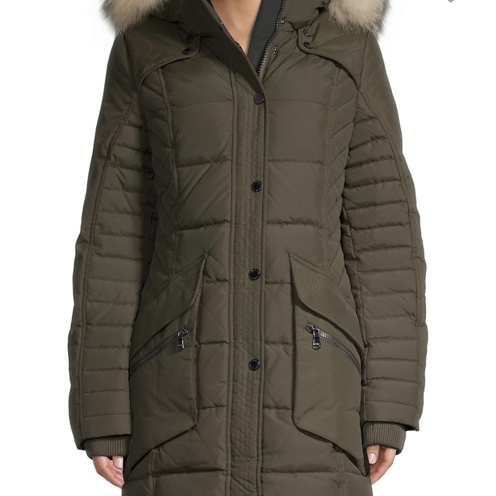 Pajar MAQUINNA fox trim down dark green coat, wiht removable hood .Size LG
